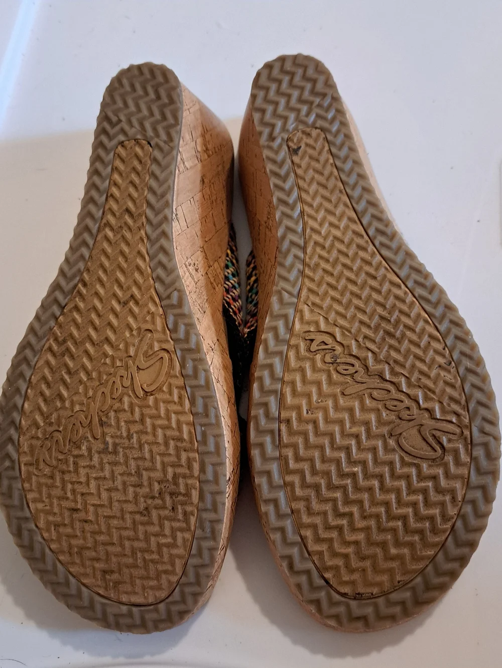 Skechers Cork Wedge Multi Color Strap, Size 8 Height 2.5 inches